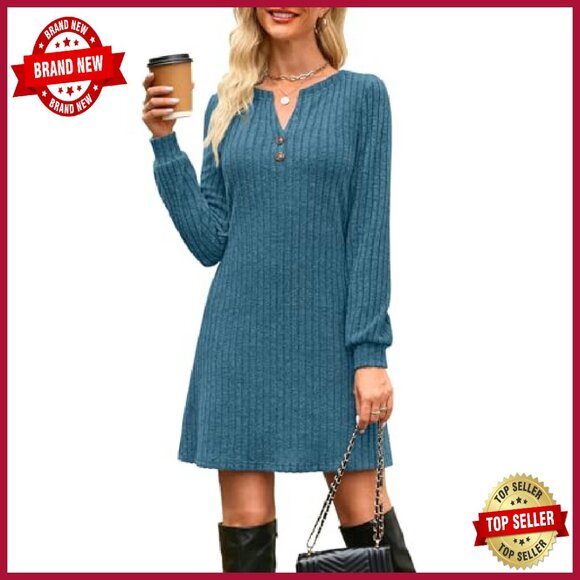 Long Sleeve Mini Sweater Dress Fully Lined Pockets A-Line Casual - Picture 2 of 8